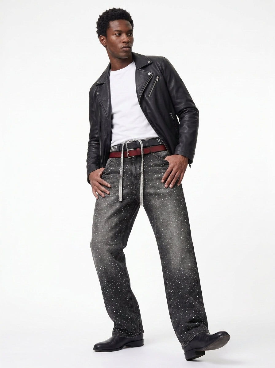 Koltee | Men's Washed Rhinestone Jeans with Rhinestone Belt Stylish Denim