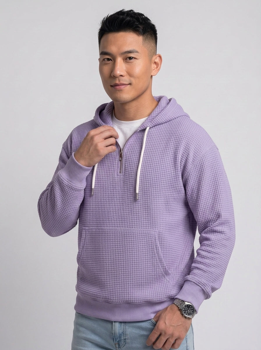 Koltee | Men's Full Size Waffle Knit Quarter Zip Hoodie Plus Size Comfortable Pullover