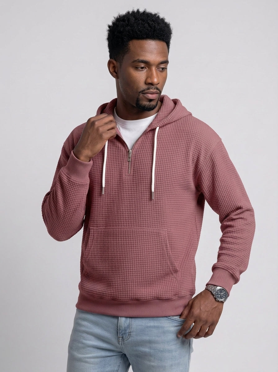 Koltee | Men's Full Size Waffle Knit Quarter Zip Hoodie Plus Size Comfortable Pullover