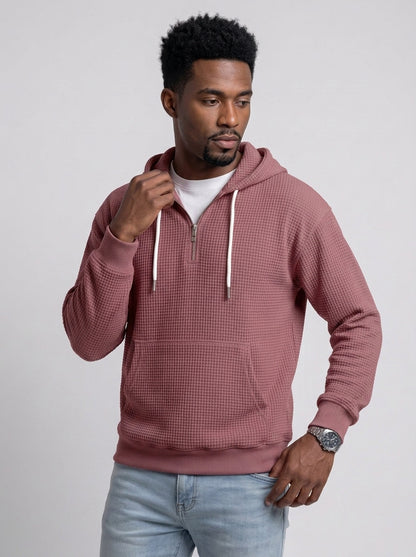Koltee | Men's Full Size Waffle Knit Quarter Zip Hoodie Plus Size Comfortable Pullover