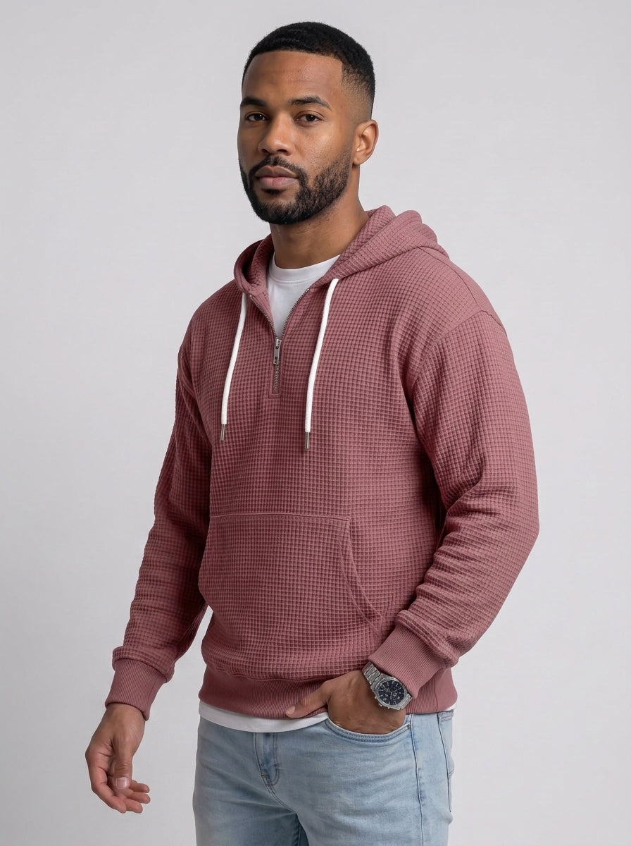 Koltee | Men's Full Size Waffle Knit Quarter Zip Hoodie Plus Size Comfortable Pullover