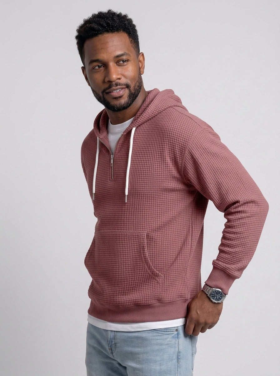 Koltee | Men's Full Size Waffle Knit Quarter Zip Hoodie Plus Size Comfortable Pullover