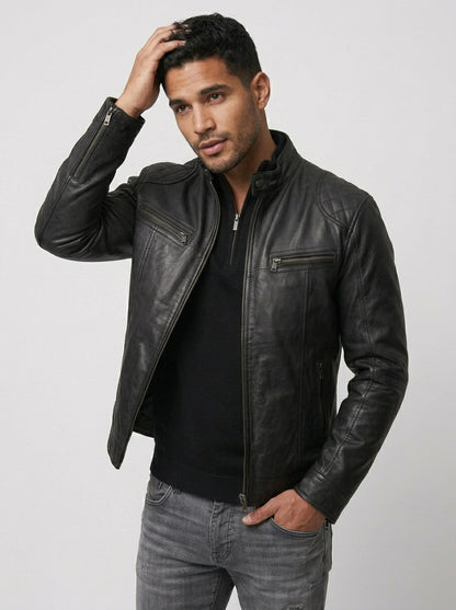 Koltee | Men's Leather Motorcycle Jacket with Zipper Front Plus Size Stylish Biker Jacket