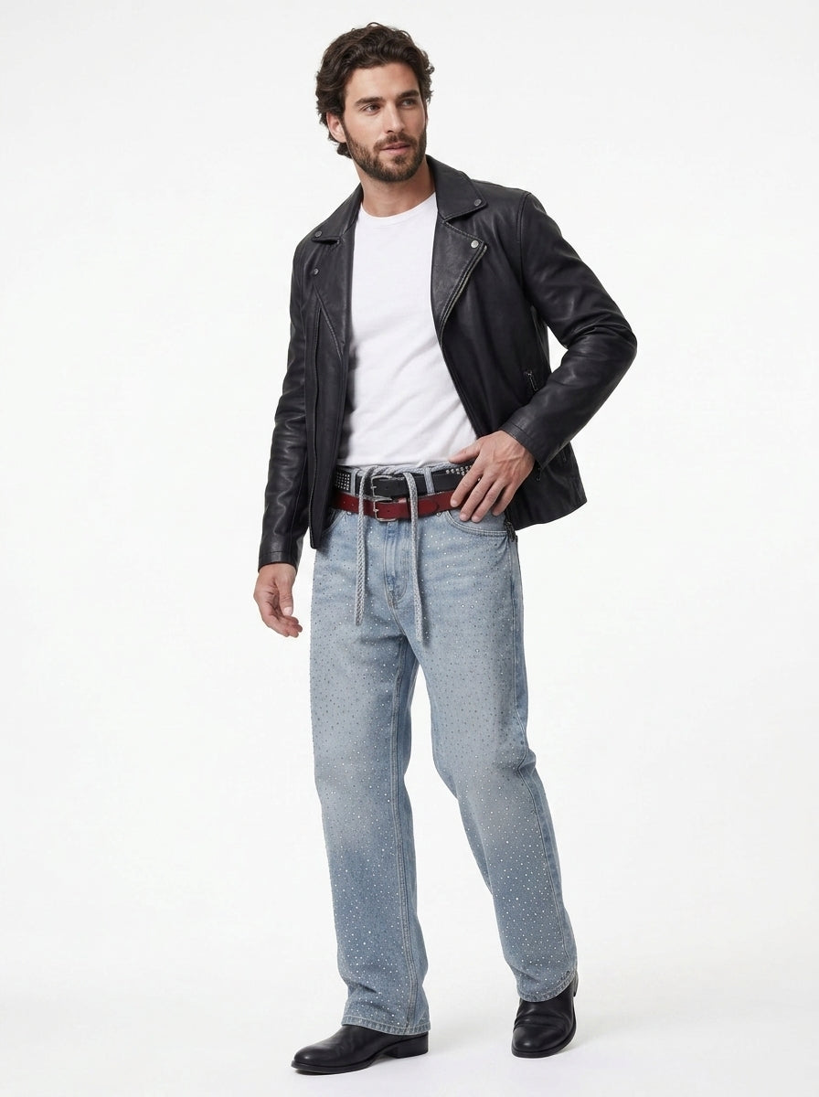 Koltee | Men's Washed Rhinestone Jeans with Rhinestone Belt Stylish Denim
