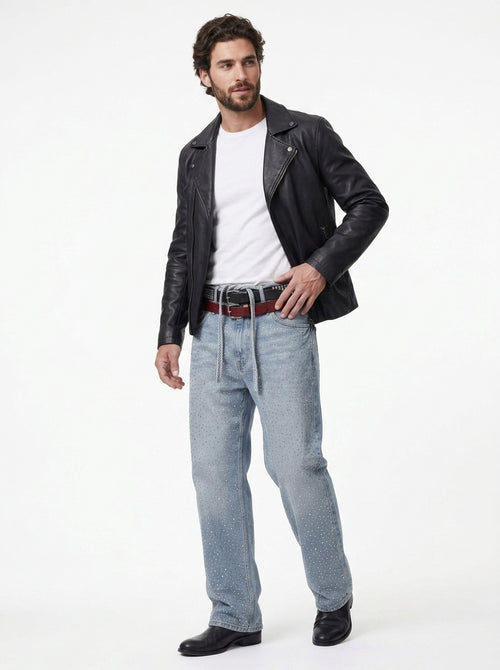 Koltee | Men's Washed Rhinestone Jeans with Rhinestone Belt Stylish Denim