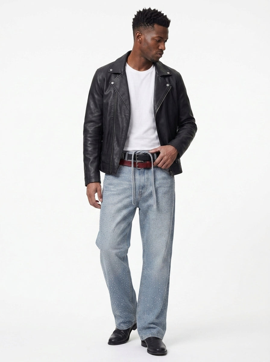 Koltee | Men's Washed Rhinestone Jeans with Rhinestone Belt Stylish Denim