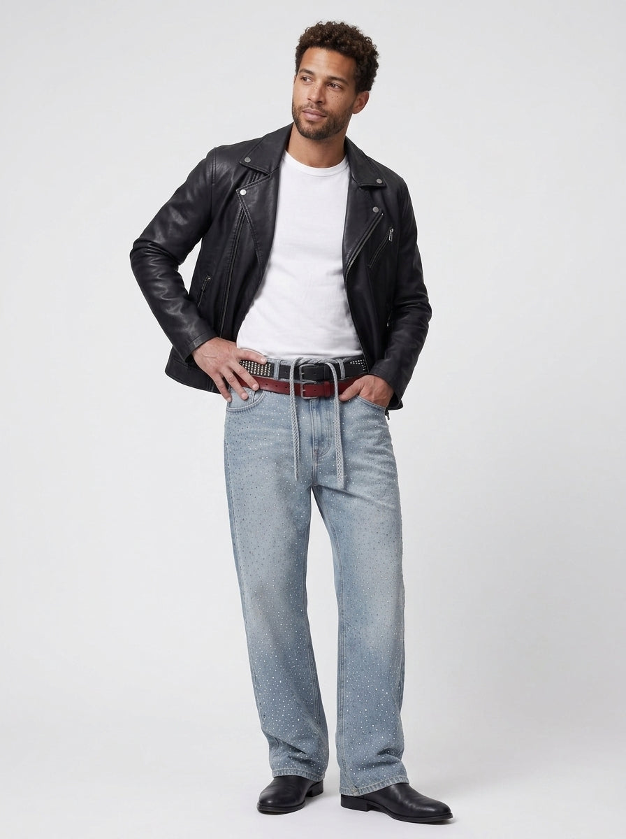 Koltee | Men's Washed Rhinestone Jeans with Rhinestone Belt Stylish Denim
