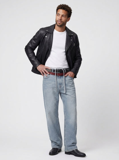 Koltee | Men's Washed Rhinestone Jeans with Rhinestone Belt Stylish Denim