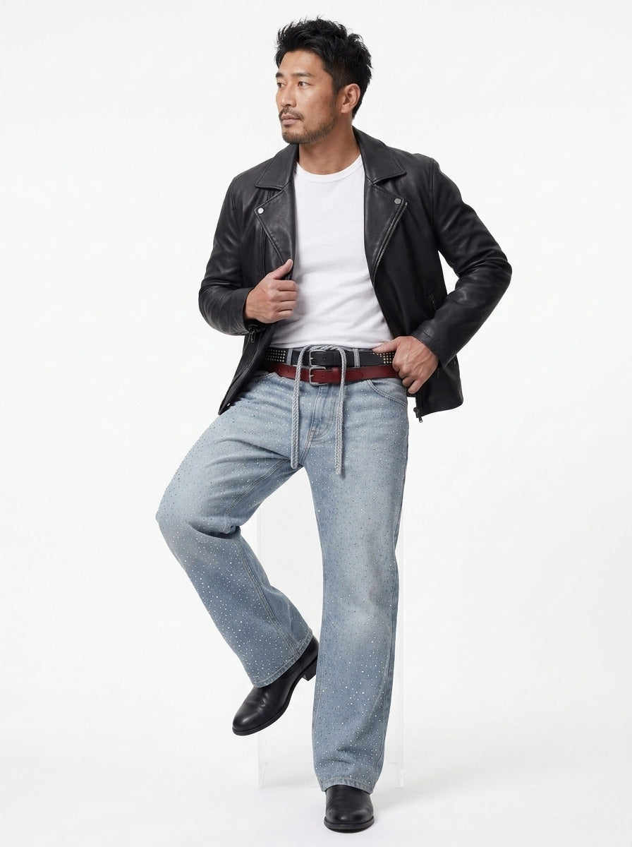 Koltee | Men's Washed Rhinestone Jeans with Rhinestone Belt Stylish Denim