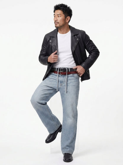 Koltee | Men's Washed Rhinestone Jeans with Rhinestone Belt Stylish Denim