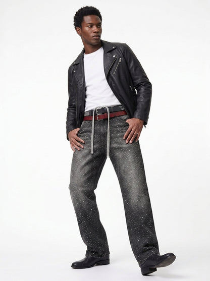Koltee | Men's Washed Rhinestone Jeans with Rhinestone Belt Stylish Denim