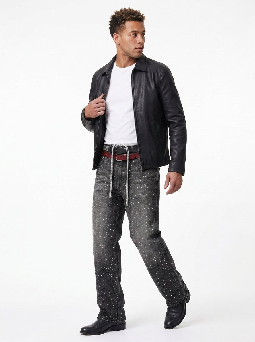 Koltee | Men's Washed Rhinestone Jeans with Rhinestone Belt Stylish Denim