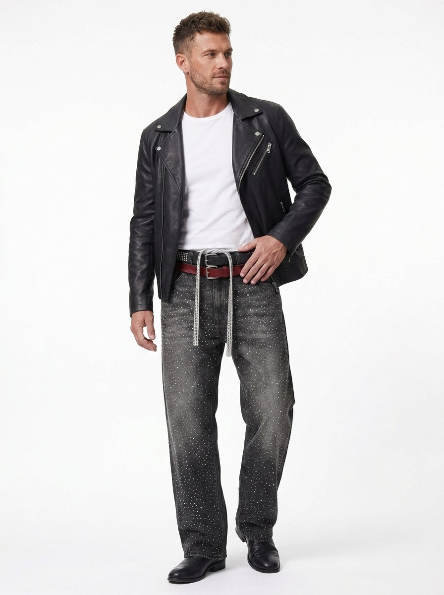 Koltee | Men's Washed Rhinestone Jeans with Rhinestone Belt Stylish Denim