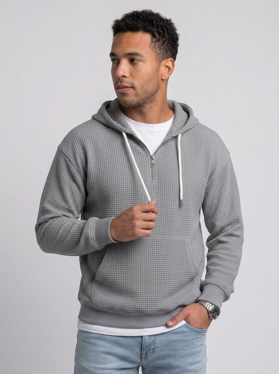 Koltee | Men's Full Size Waffle Knit Quarter Zip Hoodie Plus Size Comfortable Pullover