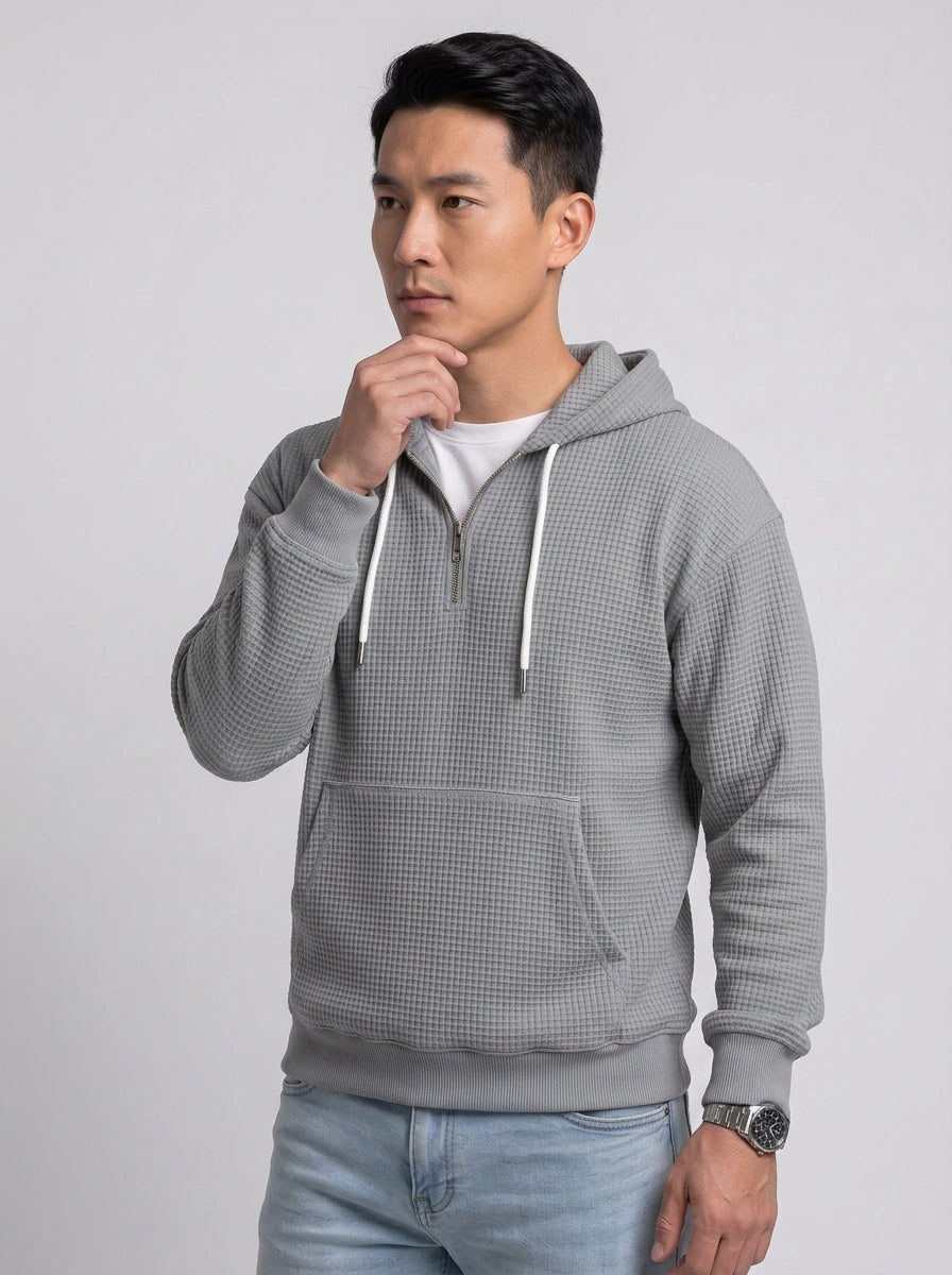 Koltee | Men's Full Size Waffle Knit Quarter Zip Hoodie Plus Size Comfortable Pullover