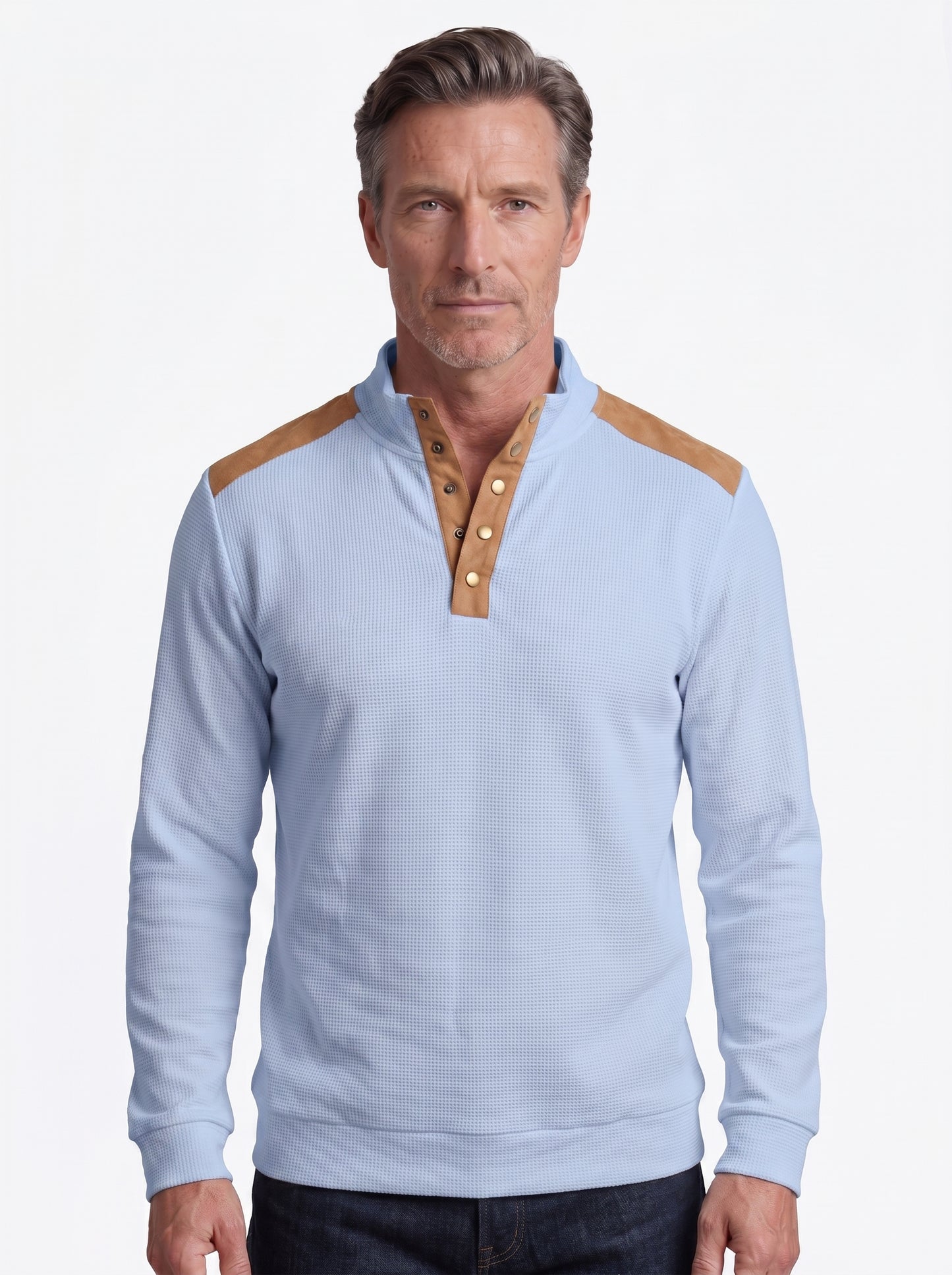Koltee | Men's Full Size Quarter Snap Long Sleeve Top Plus Size Comfortable Pullover — Light Blue_front