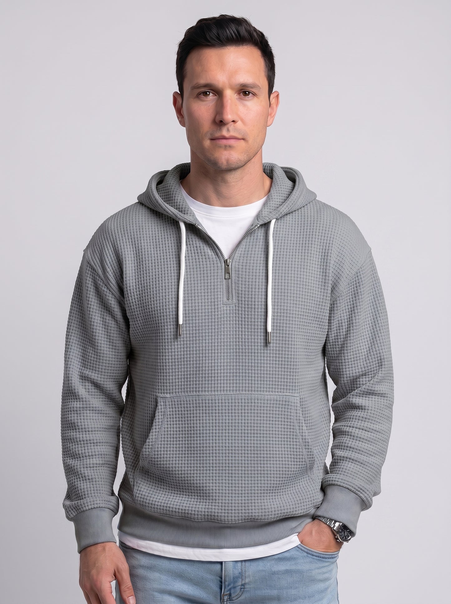 Koltee | Men's Full Size Waffle Knit Quarter Zip Hoodie Plus Size Comfortable Pullover — Gray_front