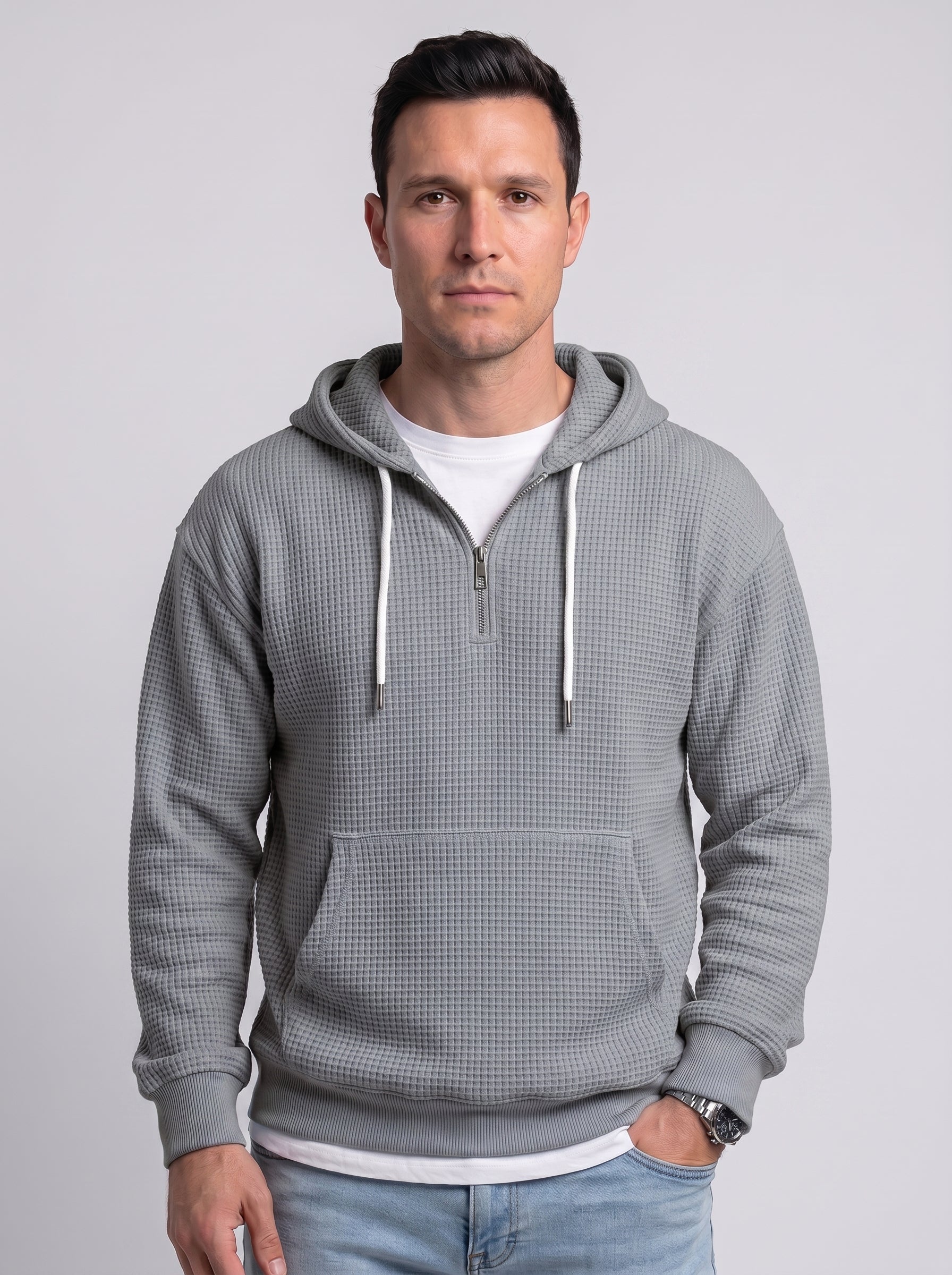 Koltee | Men's Full Size Waffle Knit Quarter Zip Hoodie Plus Size Comfortable Pullover — Gray_front