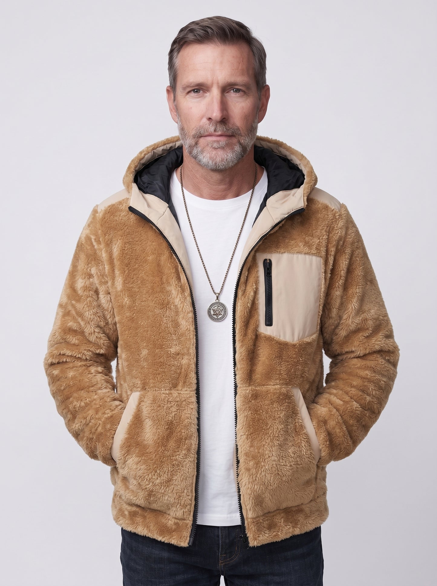 Koltee | Men's Zip Up Fleece Hooded Jacket Warm Casual Outerwear — Khaki_front