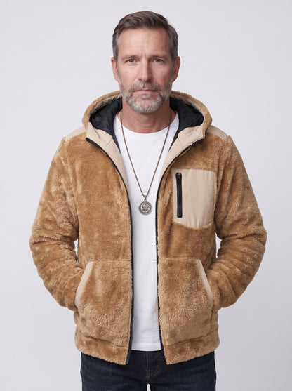 Koltee | Men's Zip Up Fleece Hooded Jacket Warm Casual Outerwear — Khaki_front